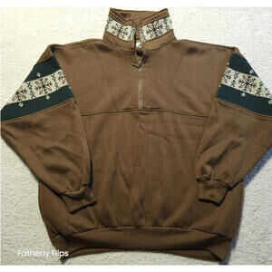 Vintage Haband Men XL Quarter Zip Pullover Sweatshirt Acrylic Brown Snowflake